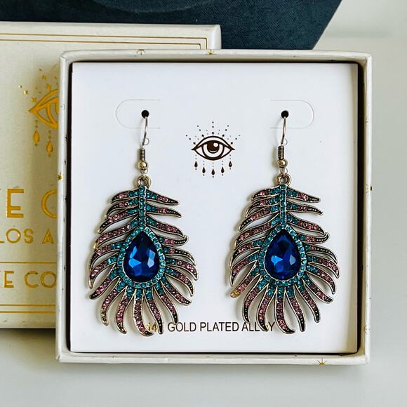 New Eye Candy LA Sidra Peacock Feather Earrings - Picture 2 of 5